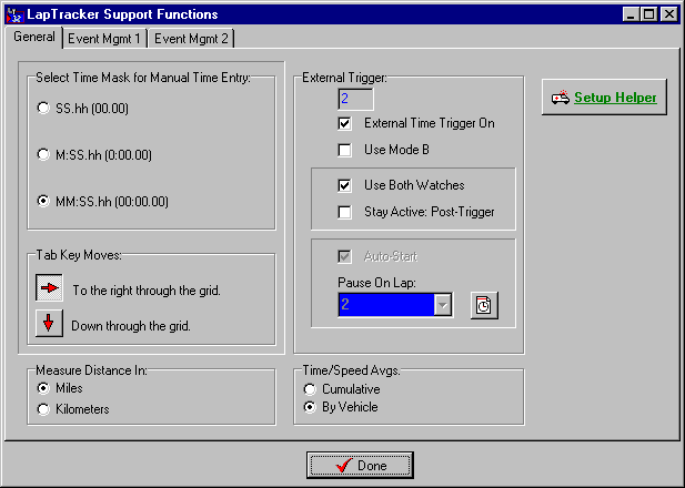 LapTracker v/32 Externally triggered stop-watches page