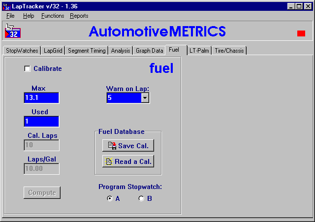 LapTracker v/32 Fuel page